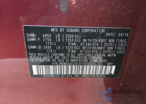 2020 Subaru Outback Premium z USA, uszkodzony, nr VIN 4S4BTACC9L3110233